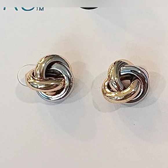 TIME & TRU | Hypoallergenic, Elegant Two-Toned Gold and Silver Knot Earrings - Picture 10 of 12